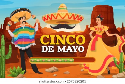 Cinco de Mayo mexican holiday loading bar with cartoon mariachi characters on desert landscape vector background. Progress bar of download, upload or installation status with mariachi personages