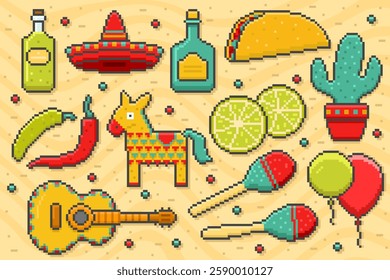 Cinco de Mayo Mexican holiday elements set in pixel style. Guitar, maracas, pinata, sombrero, cactus, chili and others. Vector illustration