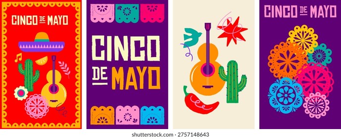 Cinco de Mayo Mexican holiday celebration vertical poster, banner and greeting card designs. Colorful vector illustration.