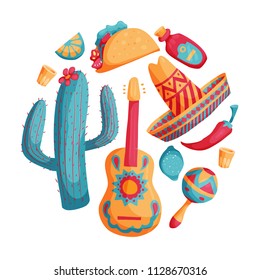 Cinco de mayo mexican illustrations set in bright colours with sombrero, cactus, tequila, tacos