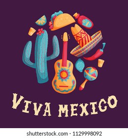 Cinco de mayo mexican illustrations set in bright colours with sombrero, cactus, tequila, tacos