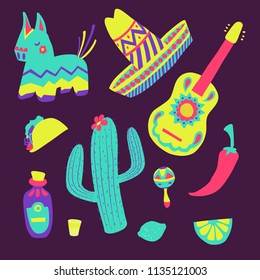 Cinco de mayo mexican illustrations set in bright colours with sombrero, cactus, tequila, tacos