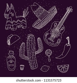 Cinco de mayo mexican line illustrations set  with sombrero, cactus, tequila, tacos