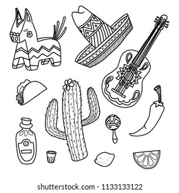 Cinco de mayo mexican line illustrations set  with sombrero, cactus, tequila, tacos