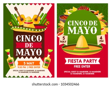 Cinco de Mayo Mexican national holiday celebration fiesta party invitation. Vector posters of Mexican traditional tequila and guitar, Mexico flags on sombrero and food with avocado guacamole food