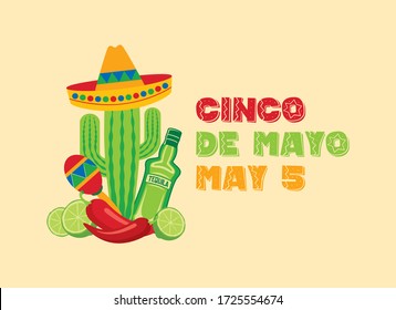 Cinco de Mayo Mexican national holiday with Mexican attributes vector. Mexican national holiday vector. Mexican design elements vector. Cinco de Mayo Poster, May 5. Important day