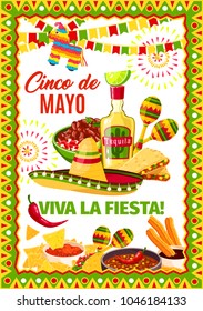 Cinco de Mayo Mexican party or Mexico traditional holiday fiesta greeting card. Vector design of Mexico flags, jalapeno pepper or avocado and tacos, sombrero and maracas for Cinco de Mayo celebration