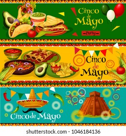 Cinco de Mayo Mexican party banners for holiday fiesta. Vector design of Mexico flag balloons, jalapeno pepper or sombrero on and cactus for Cinco de Mayo celebration invitation flyer or greeting card