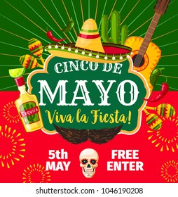 Cinco de Mayo carta de invitación para fiestas mexicanas. Volante vectorial de la bandera de México, bigotes y jalapeno o aguacate y sombrero con guitarra por Cinco de Mayo