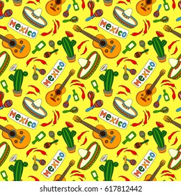 Cinco de Mayo Mexican party seamless pattern with guitar, sombrero, maracas, chili, cactus and Mexico banner. Vector illustration for wallpaper, gift paper, pattern fills.