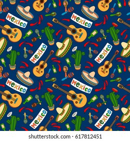 Cinco de Mayo Mexican party seamless pattern with guitar, sombrero, maracas, chili, cactus and Mexico banner. Vector illustration for wallpaper, gift paper, pattern fills.