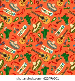 Cinco de Mayo Mexican party seamless pattern with guitar, sombrero, maracas, chili, cactus and Mexico banner. Vector illustration for wallpaper, gift paper, pattern fills.