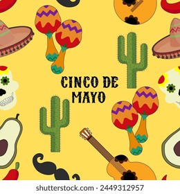 Cinco De Mayo Mexican Seamless Pattern Yellow Background Wrapping Paper, Wallpaper, Textile Prints