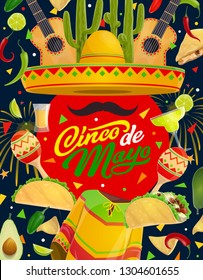 Cinco de Mayo Mexican sombrero, guitar and maracas with moustaches vector greeting card. Fiesta party mariachi hat, tequila margarita and chilli peppers, tacos, nachos and avocado with festive bunting