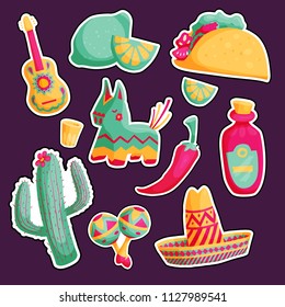 Cinco de mayo mexican sticker illustrations set in bright colours with sombrero, cactus, tequila, tacos