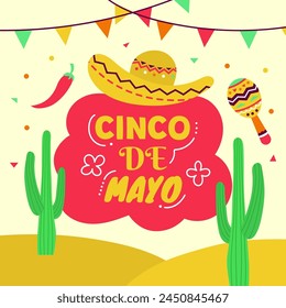 Cinco de mayo. Mexican theme background. Festival, party, cactus, maracas, sombrero, chilli, desert.