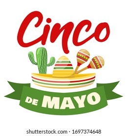 Cinco de mayo - mexican traditional fiesta, cactus, sombrero and maracas. Vector