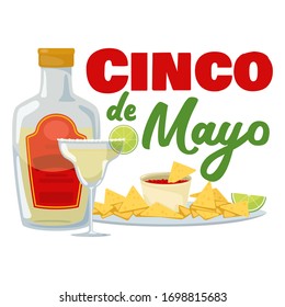 Cinco de mayo - mexican traditional fiesta, badge with nachos and tequila. Vector