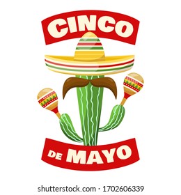 Cinco de mayo - mexican traditional fiesta, cactus with sombrero and maracas. Vector