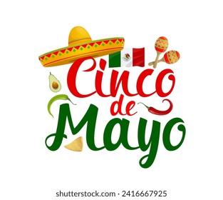 Cinco camisetas mexicanas de mayo. Emblema vectorial aislado con Símbolos tradicionales sombrero sombrero sombrero sombrero mexicano, maracas, aguacate, bandera nacional, pimiento picante y nachos. Fiesta de insignia de caricatura de temática mexicana