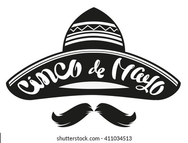 Cinco de Mayo. Mexican wide brimmed hat sombrero. Lettering text header for greeting card. Isolated on white vector illustration