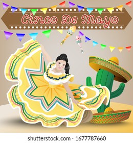 Cinco de mayo with Mexican woman dance and cactus