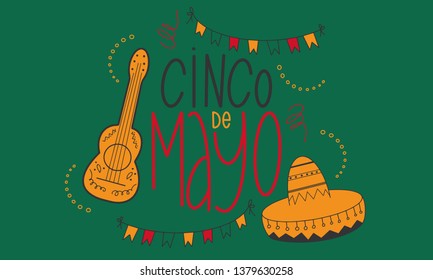Cinco de Mayo in Mexico. Handwriting lettering. Style calligraphy for traditional Mexican holiday. Doodle with guitar, sombrero, flags and other elements. Happy festive party. Vector illustration