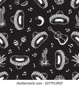 Cinco de Mayo. Mexico Seamless pattern. Mexican holiday Vector background with hand drawn doodle Mexican culture attributes