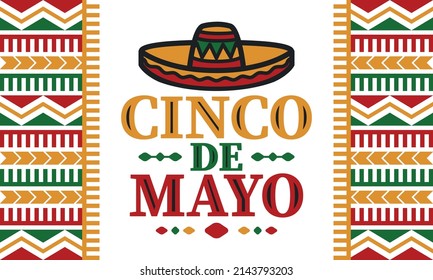 Cinco de Mayo in Mexico. Traditional mexican fiesta in May. National happy holiday with carnival, festival and parade. Latin american and spanish pattern. Illustration with sombrero. Vector poster