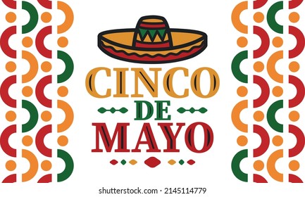 Cinco de Mayo in Mexico. Traditional mexican fiesta in May. National happy holiday with carnival, festival and parade. Latin american and spanish pattern. Illustration with sombrero. Vector poster