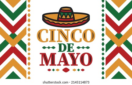 Cinco de Mayo in Mexico. Traditional mexican fiesta in May. National happy holiday with carnival, festival and parade. Latin american and spanish pattern. Illustration with sombrero. Vector poster