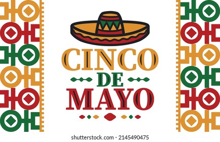 Cinco de Mayo in Mexico. Traditional mexican fiesta in May. National happy holiday with carnival, festival and parade. Latin american and spanish pattern. Illustration with sombrero. Vector poster