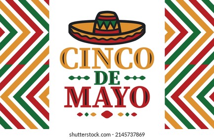 Cinco de Mayo in Mexico. Traditional mexican fiesta in May. National happy holiday with carnival, festival and parade. Latin american and spanish pattern. Illustration with sombrero. Vector poster