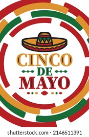 Cinco de Mayo in Mexico. Traditional mexican fiesta in May. National happy holiday with carnival, festival and parade. Latin american and spanish pattern. Illustration with sombrero. Vector poster