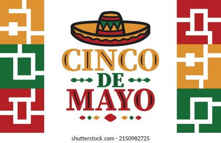 Cinco de Mayo in Mexico. Traditional mexican fiesta in May. National happy holiday with carnival, festival and parade. Latin american and spanish pattern. Illustration with sombrero. Vector poster
