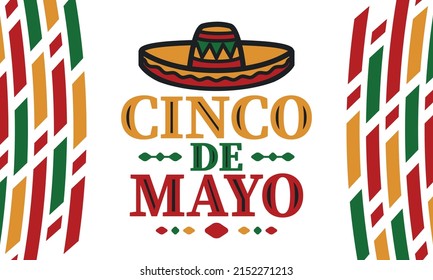 Cinco de Mayo in Mexico. Traditional mexican fiesta in May. National happy holiday with carnival, festival and parade. Latin american and spanish pattern. Illustration with sombrero. Vector poster