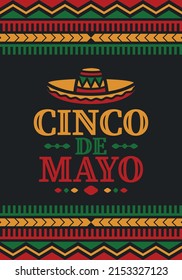 Cinco de Mayo in Mexico. Traditional mexican fiesta in May. National happy holiday with carnival, festival and parade. Latin american and spanish pattern. Illustration with sombrero. Vector poster