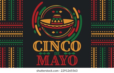 Cinco de Mayo in Mexico. Traditional mexican fiesta in May. National happy holiday with carnival, festival and parade. Latin american and spanish pattern. Illustration with sombrero. Vector poster