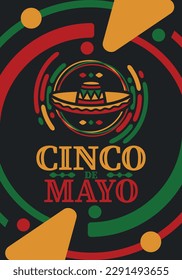 Cinco de Mayo in Mexico. Traditional mexican fiesta in May. National happy holiday with carnival, festival and parade. Latin american and spanish pattern. Illustration with sombrero. Vector poster