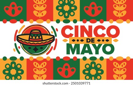 Cinco de Mayo in Mexiko. Traditionelle mexikanische Fiesta im Mai. Nationalfeiertag mit Karneval, Fest und Parade. Lateinamerikanisches und spanisches Muster. Abbildung mit Sombrero. Vektorposter