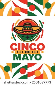 Cinco de Mayo in Mexiko. Traditionelle mexikanische Fiesta im Mai. Nationalfeiertag mit Karneval, Fest und Parade. Lateinamerikanisches und spanisches Muster. Abbildung mit Sombrero. Vektorposter