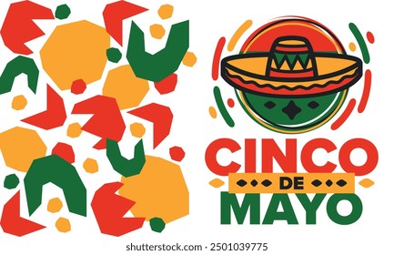 Cinco de Mayo in Mexiko. Traditionelle mexikanische Fiesta im Mai. Nationalfeiertag mit Karneval, Fest und Parade. Lateinamerikanisches und spanisches Muster. Abbildung mit Sombrero. Vektorposter