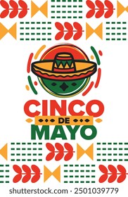 Cinco de Mayo in Mexiko. Traditionelle mexikanische Fiesta im Mai. Nationalfeiertag mit Karneval, Fest und Parade. Lateinamerikanisches und spanisches Muster. Abbildung mit Sombrero. Vektorposter