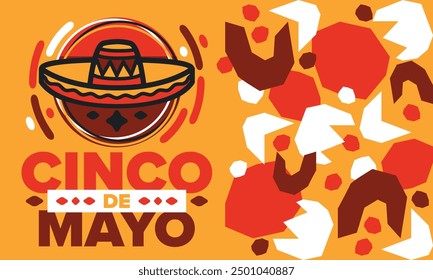 Cinco de Mayo in Mexiko. Traditionelle mexikanische Fiesta im Mai. Nationalfeiertag mit Karneval, Fest und Parade. Lateinamerikanisches und spanisches Muster. Abbildung mit Sombrero. Vektorposter