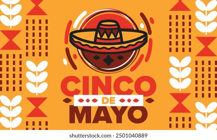 Cinco de Mayo in Mexiko. Traditionelle mexikanische Fiesta im Mai. Nationalfeiertag mit Karneval, Fest und Parade. Lateinamerikanisches und spanisches Muster. Abbildung mit Sombrero. Vektorposter