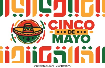 Cinco de Mayo in Mexiko. Traditionelle mexikanische Fiesta im Mai. Nationalfeiertag mit Karneval, Fest und Parade. Lateinamerikanisches und spanisches Muster. Abbildung mit Sombrero. Vektorposter