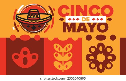 Cinco de Mayo in Mexiko. Traditionelle mexikanische Fiesta im Mai. Nationalfeiertag mit Karneval, Fest und Parade. Lateinamerikanisches und spanisches Muster. Abbildung mit Sombrero. Vektorposter