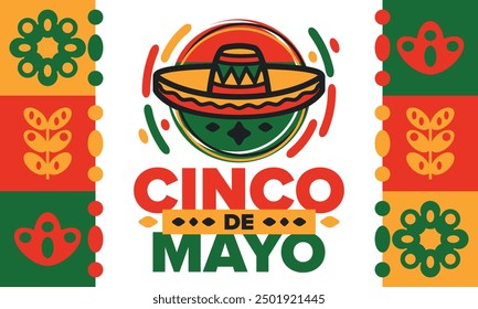 Cinco de Mayo in Mexiko. Traditionelle mexikanische Fiesta im Mai. Nationalfeiertag mit Karneval, Fest und Parade. Lateinamerikanisches und spanisches Muster. Abbildung mit Sombrero. Vektorposter