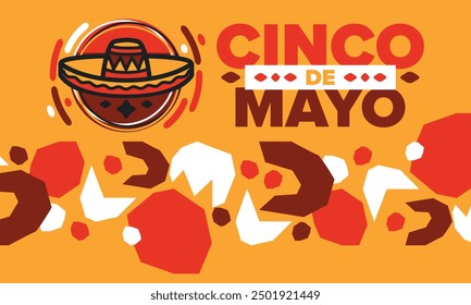 Cinco de Mayo in Mexiko. Traditionelle mexikanische Fiesta im Mai. Nationalfeiertag mit Karneval, Fest und Parade. Lateinamerikanisches und spanisches Muster. Abbildung mit Sombrero. Vektorposter