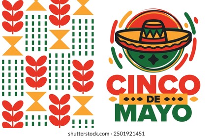 Cinco de Mayo in Mexiko. Traditionelle mexikanische Fiesta im Mai. Nationalfeiertag mit Karneval, Fest und Parade. Lateinamerikanisches und spanisches Muster. Abbildung mit Sombrero. Vektorposter